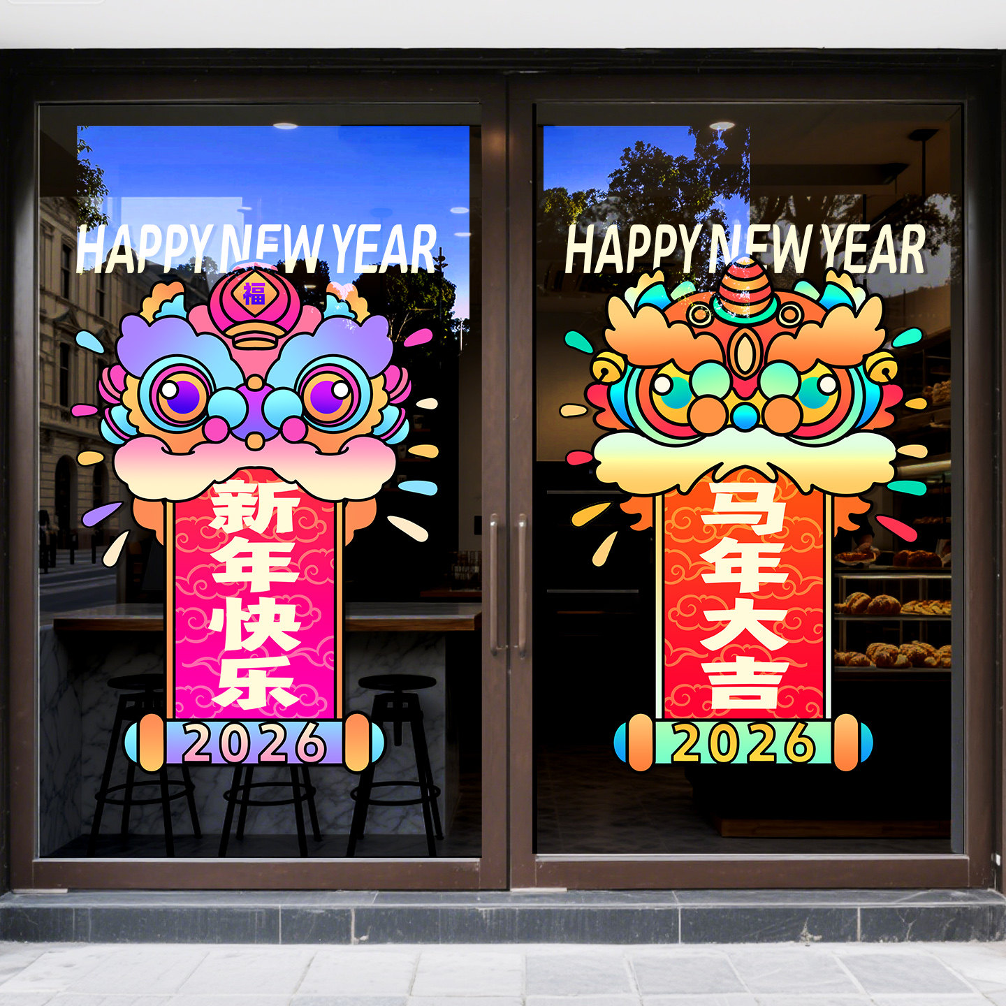 2026新年装饰品醒狮装扮玻璃门贴纸马年春节过年窗贴静电窗花贴画,家居饰品,软装墙贴,淘宝优惠券,粉丝福利购,淘宝优惠卷