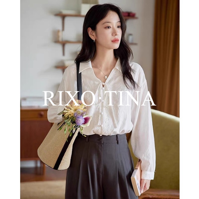 法国Rixo Tina 邻家千金⭐蕾丝飘带衬衫女秋新款宽松休闲百搭上衣