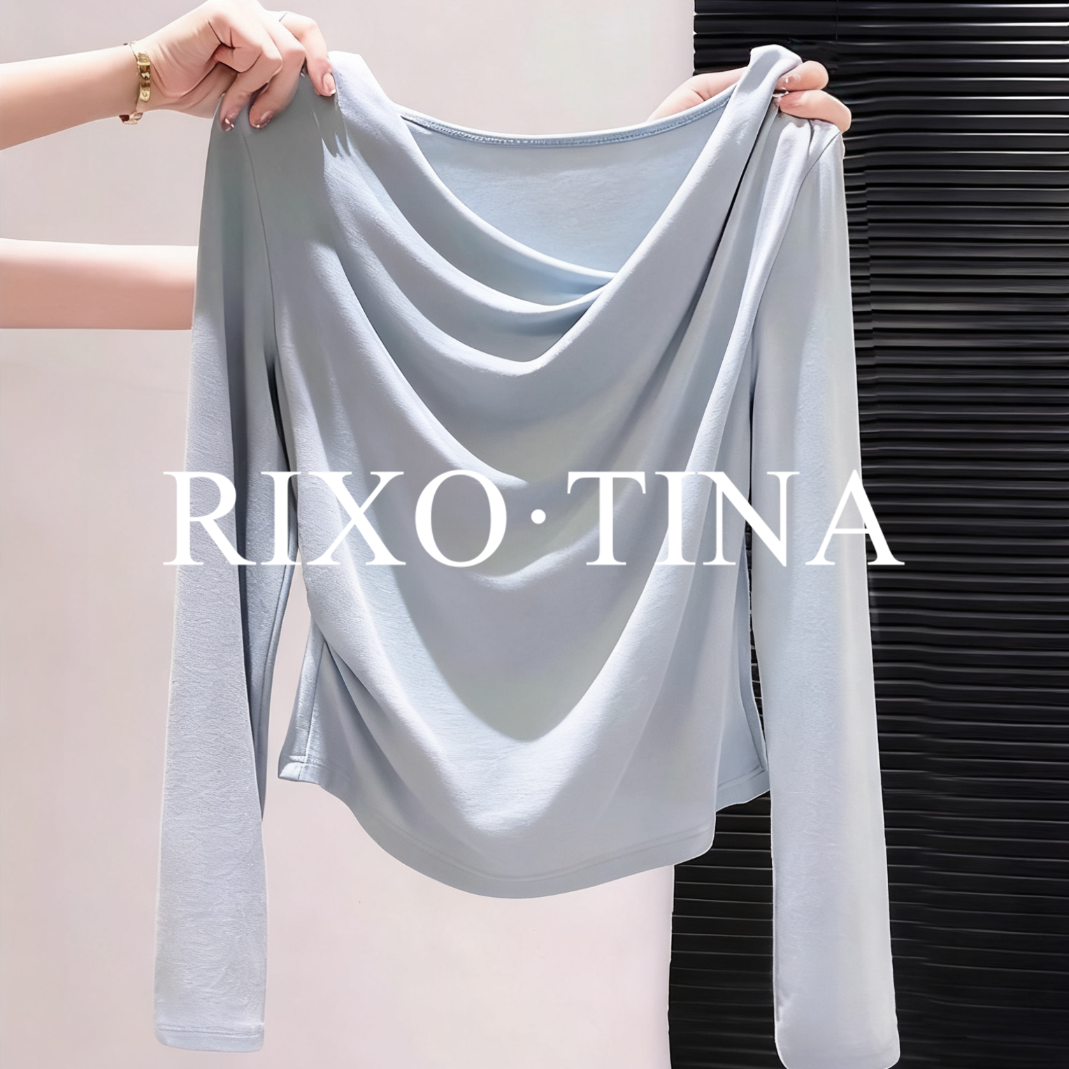 法国Rixo Tina法式一字肩长袖T恤女春秋新款褶皱收腰露肩打底上衣
