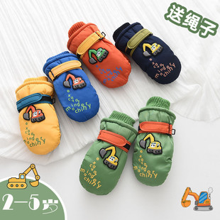 3-4-5-6岁儿童防水冬天小孩卡通挖掘机男童男孩玩雪包指保暖手套