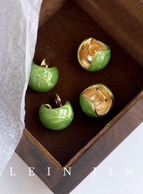 法式简约绿色滴釉圆球耳钉无耳洞蚊香盘耳夹女气质轻奢耳饰春夏