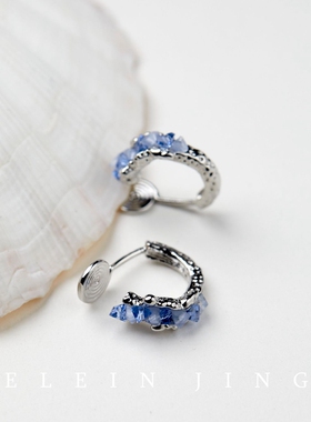 小众设计淡蓝水晶C形耳扣高级感复古时尚耳饰蚊香盘耳夹无耳洞