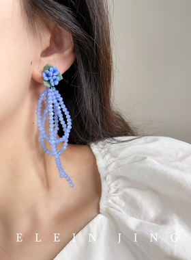 蓝色花朵长款串珠流苏耳环蚊香盘耳夹女显脸瘦仙女清新耳饰无耳洞