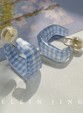 手作简约小清新蓝色格子银针耳钉少女气质亚克力耳环蚊香盘耳夹