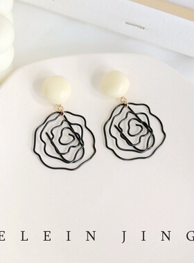 小众设计感黑色线条玫瑰花无痛无耳洞蚊香盘耳夹艺术感港风耳环