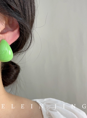 手作夏日几何翠绿色C形水滴树脂耳环蚊香盘耳夹女港风无耳洞耳饰