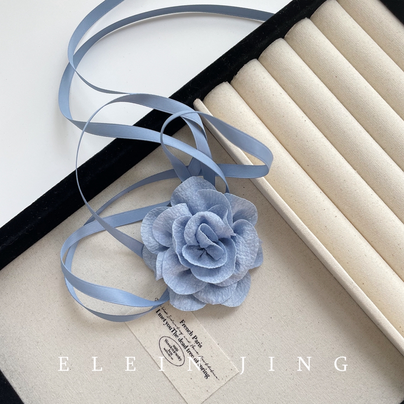 温柔超仙淡蓝色花朵系带项链choker颈链复古法式氛围感项圈拍照