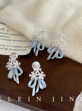 手捧花锆石耳环超仙花朵蝴蝶结丝带耳钉无耳洞蚊香盘耳夹淑女甜美