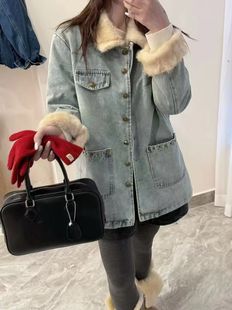 MQ麦琪2025冬季新款欧货时尚拼接水貂毛宽松牛仔90白鸭羽绒服外套