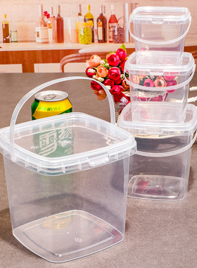 方形食品包装桶密封桶手提透明白色酱料冰粉奶茶桶塑料带盖龙虾桶