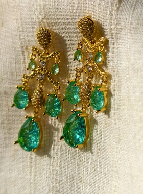 青岛饰品  OG Loc  蓝水晶碎钻流苏 银针耳环 一物一拍