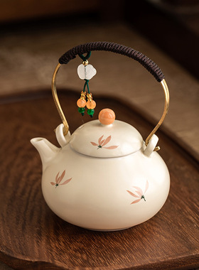 米黄釉兰花绑绳提梁壶大容量茶壶单壶中式陶瓷茶具泡茶煮茶壶