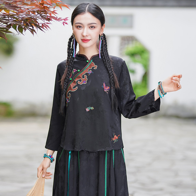 新中式盘口i刺绣立领长袖改良衬衣旗袍领中国风短款上衣