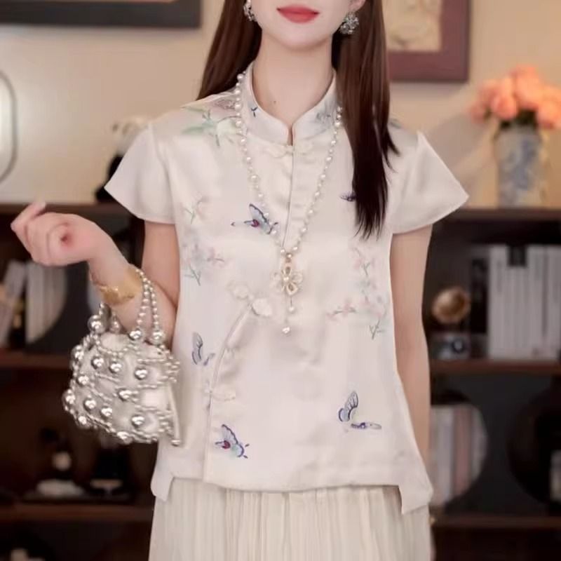 国风绝美上衣改良唐装盘扣短袖小衫女夏季新中式仿桑蚕丝立领衬衫