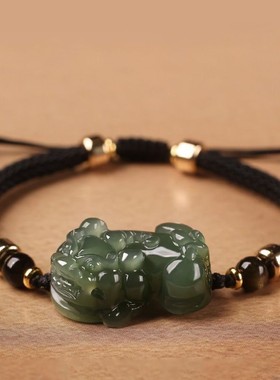工厂立体玉石小貔恘手链情侣手串红绳编织油青色霸王貔貅吊坠