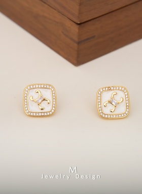 925银针耳钉几何微镶锆石菱形白