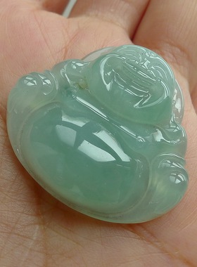 冰糯种化地果冻胶感青绿坐佛 天然A货翡翠弥勒佛佛公玉佛玉坠吊坠