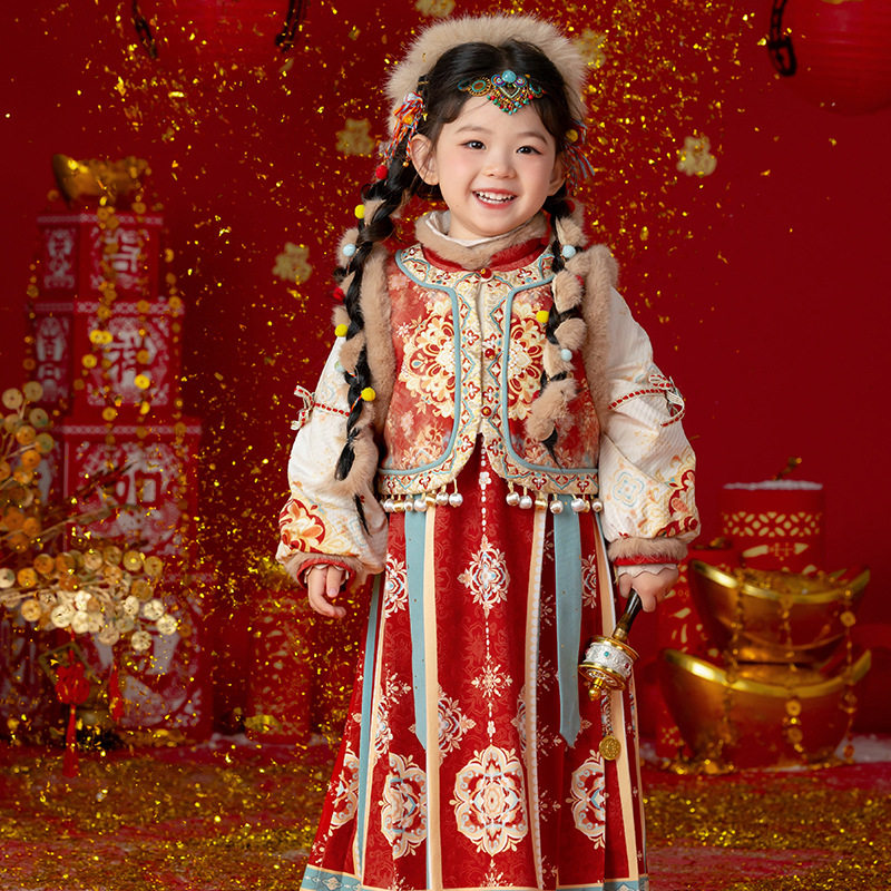 汉服女童冬装宝宝中国异域大漠襦裙女孩连衣裙儿童拜年服