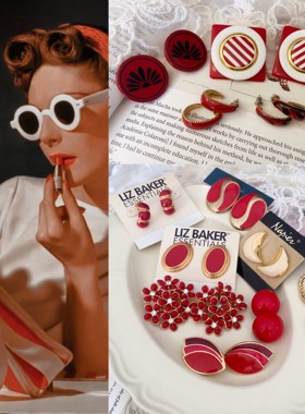 vintage中古红色白珐琅耳钉耳夹 Avon复古着首饰夸张耳环婚礼宴会