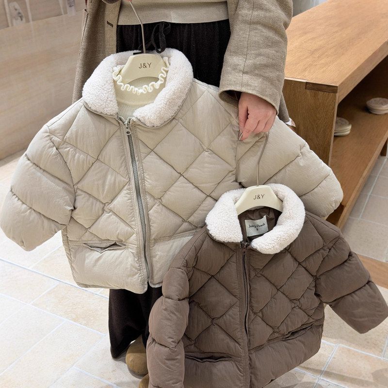 2025冬季新款女童设计感斜领拉链格子绗线棉衣外套洋气百搭棉服