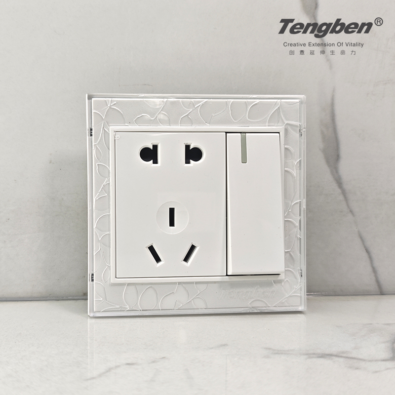 藤本开关86型暗装面板透明雕花钢架结构一开五孔单双联墙式插座