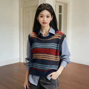 柒量一裁小个子秋冬流行条纹毛织马甲女外穿巨好看的马甲3222