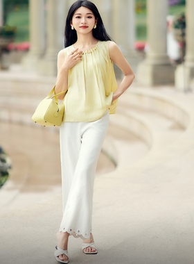 柒量一裁小个子白色垂感阔腿裤裤脚镂空花边时尚不撞款女长裤0355