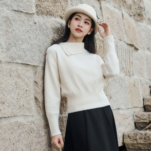 柒量一裁小个子杏色翻领毛衣慵懒松弛感毛线衣高级设计感3128