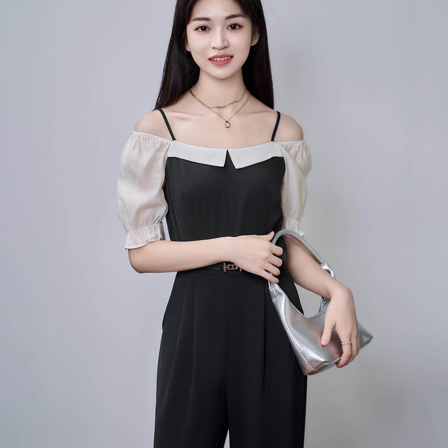 柒量一裁小个子夏季黑白拼接泡泡袖修身凉感露肩两穿连体裤女0550