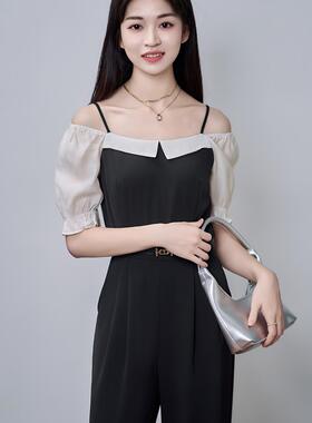 柒量一裁小个子夏季黑白拼接泡泡袖修身凉感露肩两穿连体裤女0550