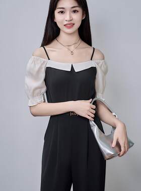 小个子黑白拼接泡泡袖连体裤女