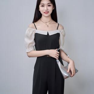 柒量一裁小个子夏季黑白拼接泡泡袖修身凉感露肩两穿连体裤女0550