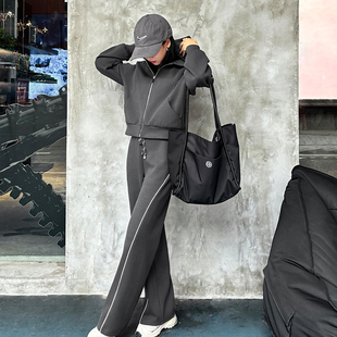 柒量一裁小个子深灰短款 侧边白条阔腿裤 93.5 94.5cm1402 拉链外套