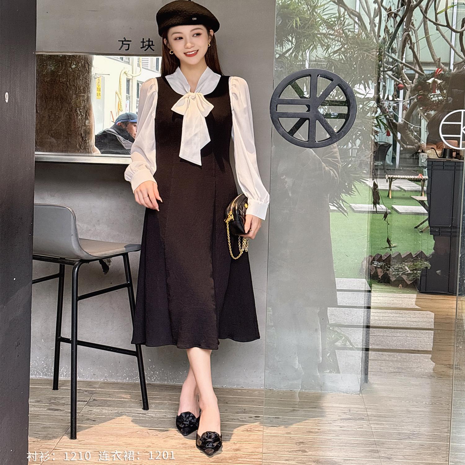 【小柒】小个子黑色连衣裙女春秋时尚V领衬衫拼接裙气质优雅1201
