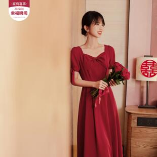 红色方领收腰显瘦优雅气质连衣裙1123 柒量一裁小个子婚礼服女法式