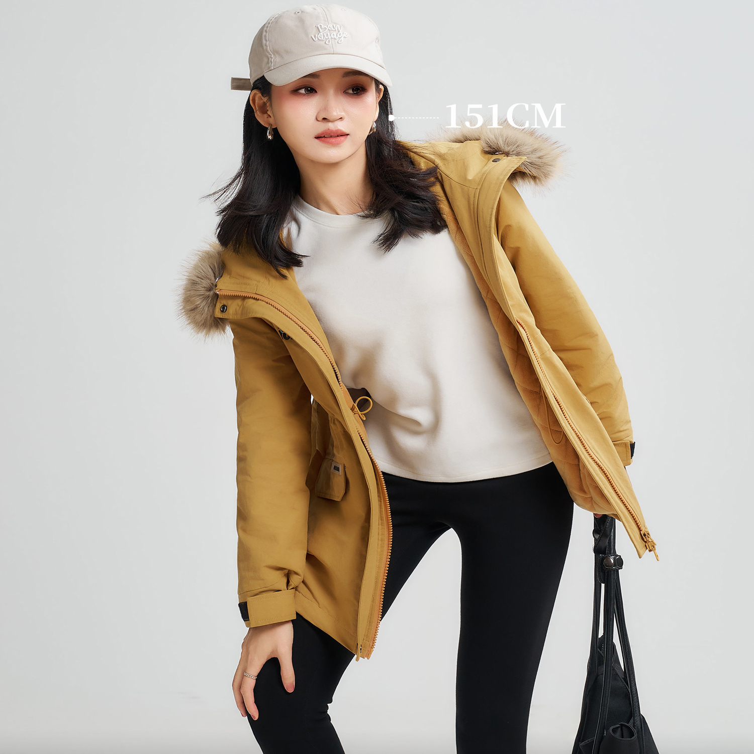 小个子姜黄色连帽棉衣秋