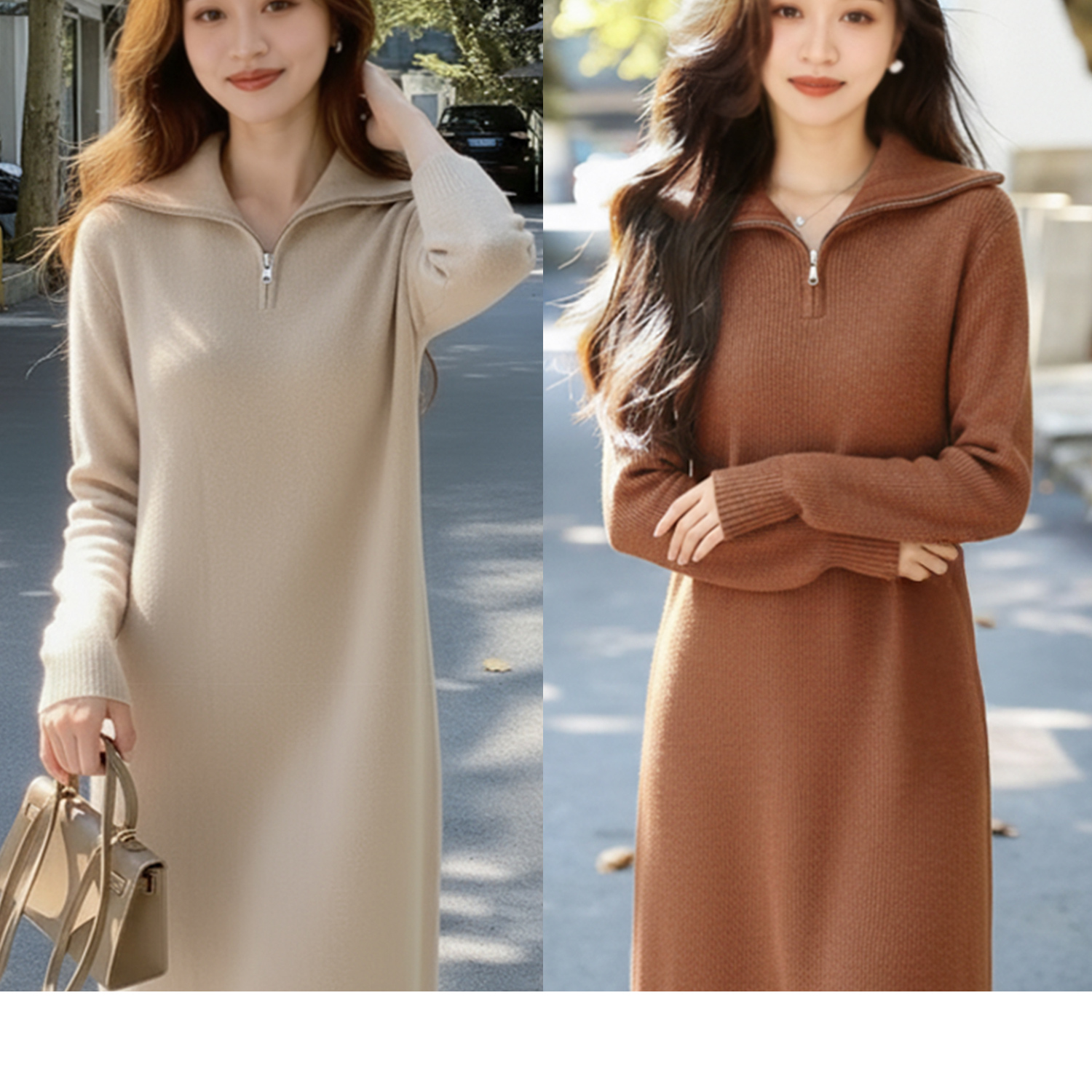 小个子米杏色翻领毛织连衣裙