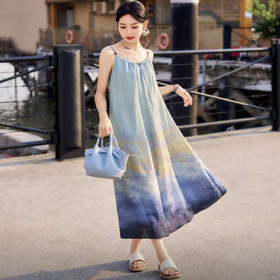 柒量一裁小个子蓝黄渐变印染吊带裙宽松飘逸海边度假风长裙0425
