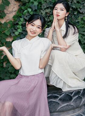夏季新款白色新中式盘扣立领提花上衣女国风暗纹设计感小衫1309