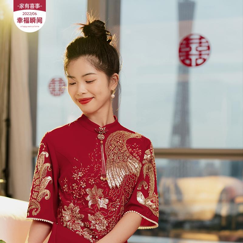 小个子红色端庄绣花国风连衣裙女