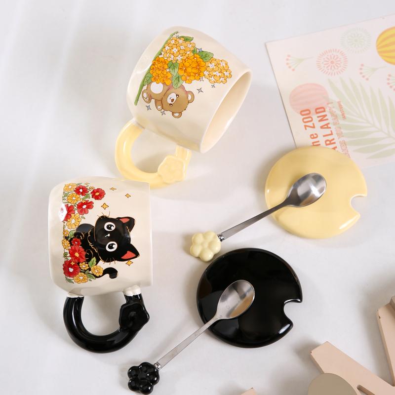 可爱樱花陶瓷马克杯带盖勺