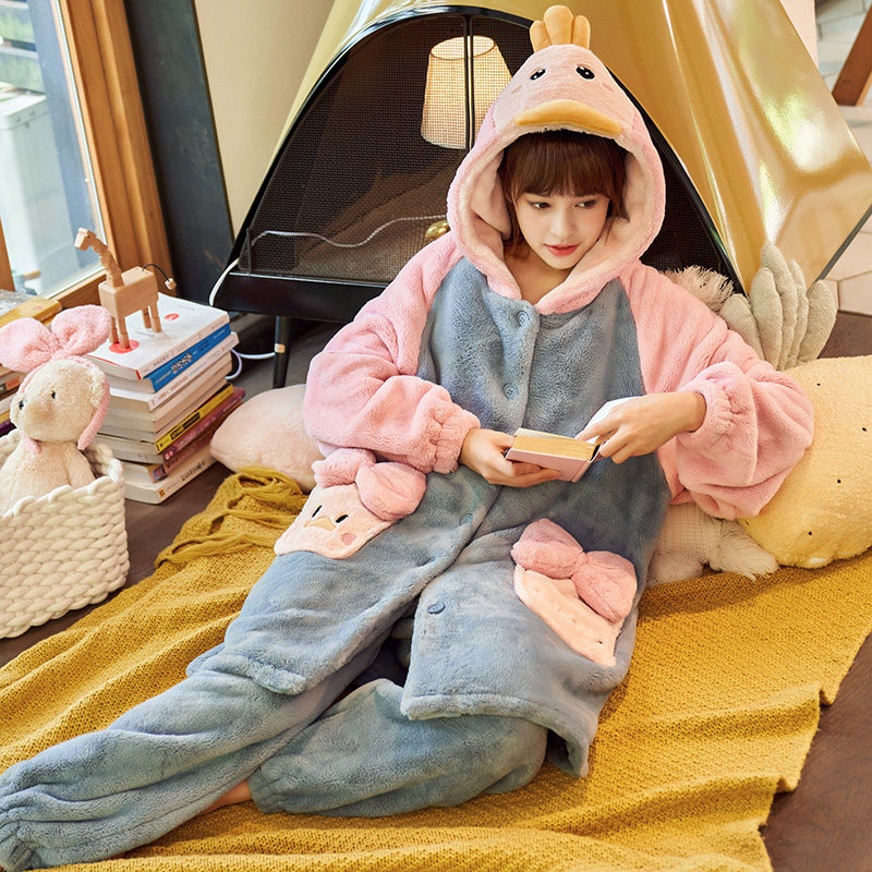 睡衣女秋冬季珊瑚绒加厚加绒长款睡袍可爱法兰绒可外穿家居服套装