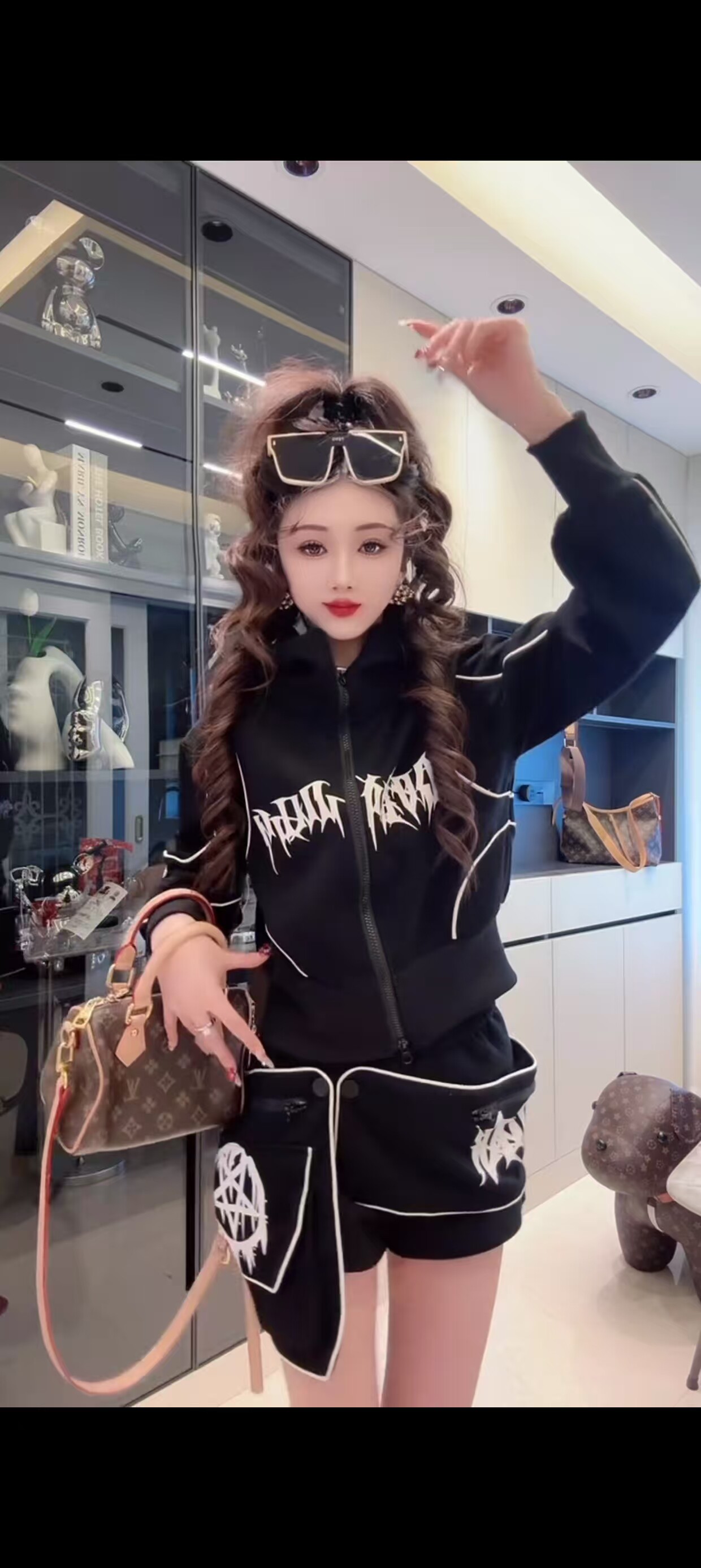 美式酷潮字母印花连帽卫衣外套女春秋新款高腰短裤辣妹两件套装潮