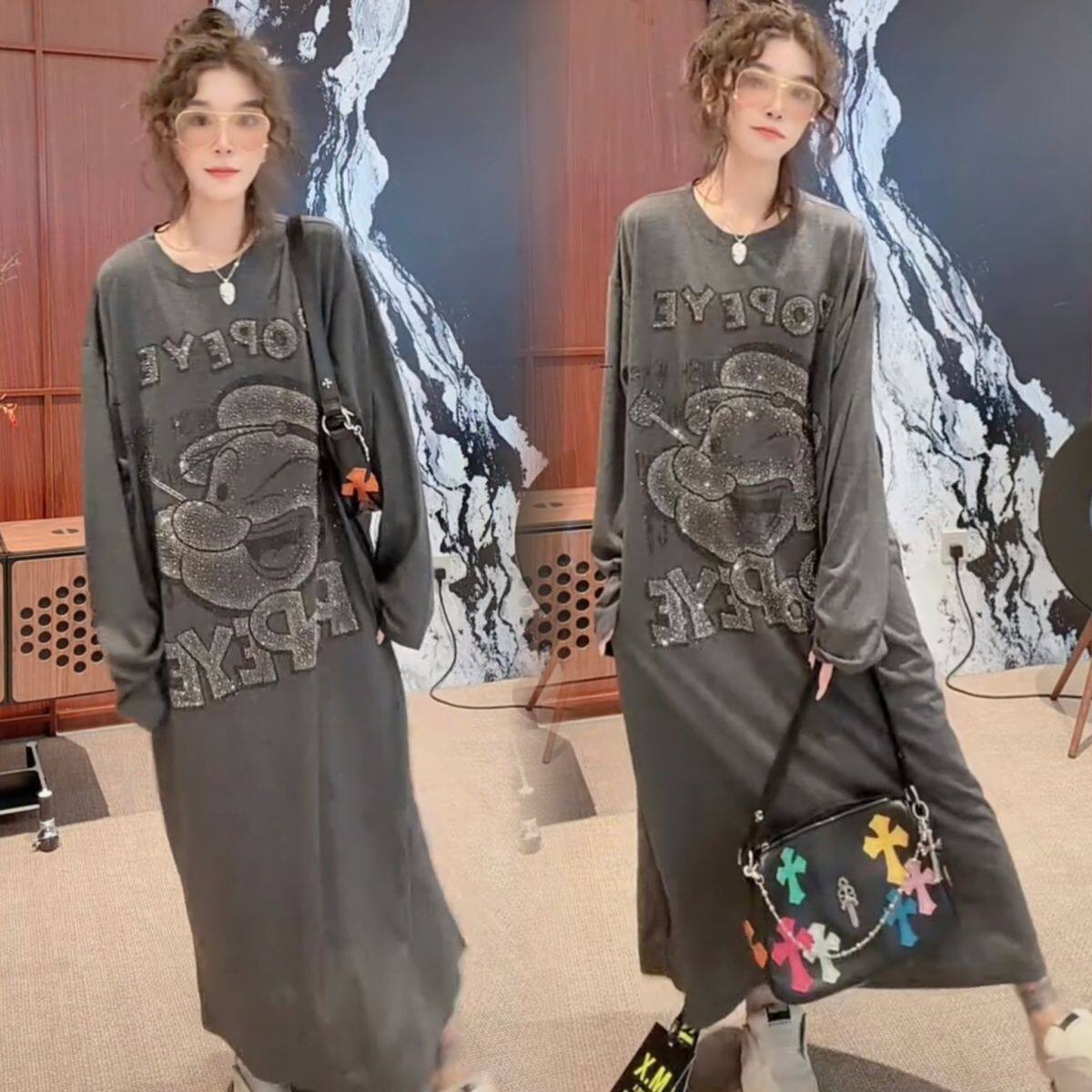 欧货慵懒风大力水手长袖连衣裙女秋季新款宽松休闲显瘦直筒长裙子