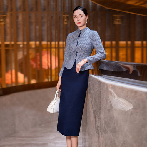 蓝色新中式国风毛呢连衣裙女