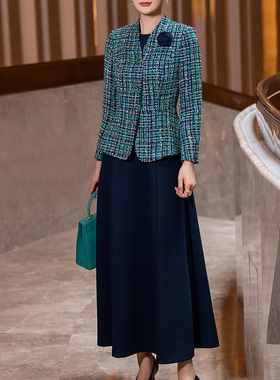 蓝色气质小香风套装女2025冬季新款端庄大气时尚毛呢连衣裙两件套
