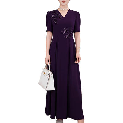 优雅气质时尚藏蓝贴花夏季连衣裙