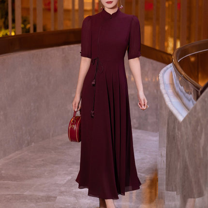 喜婆婆婚宴装礼服裙2025夏季新款中式复古立领时尚气质红色连衣裙