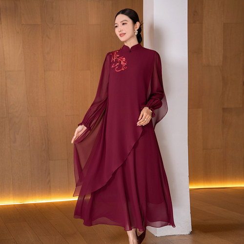 喜婆婆婚宴装连衣裙女酒红色刺绣