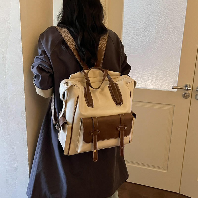 复古英伦风双肩包男女通用大容量通勤大学生书包旅行百搭撞色背包
